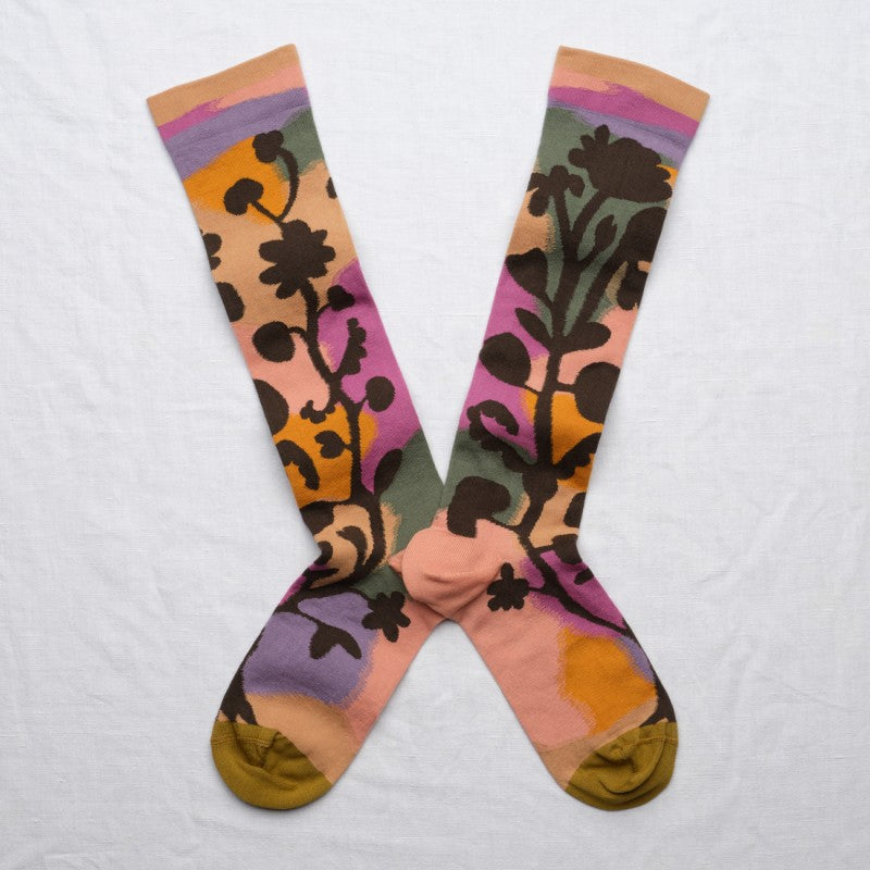 Calze lunghe Bonne Maison sfumature ocra verdi e rosa e ramo