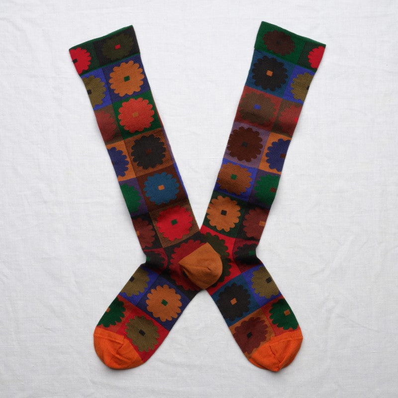 Calze lunghe Bonne Maison reticolo con margherite multicolor