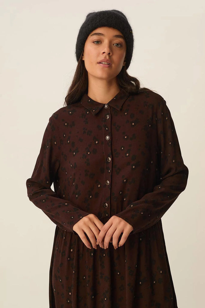 Abito Des Petits Hauts cioccolato fiori neri e panna