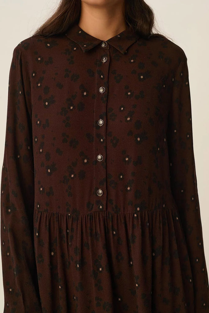 Abito Des Petits Hauts cioccolato fiori neri e panna