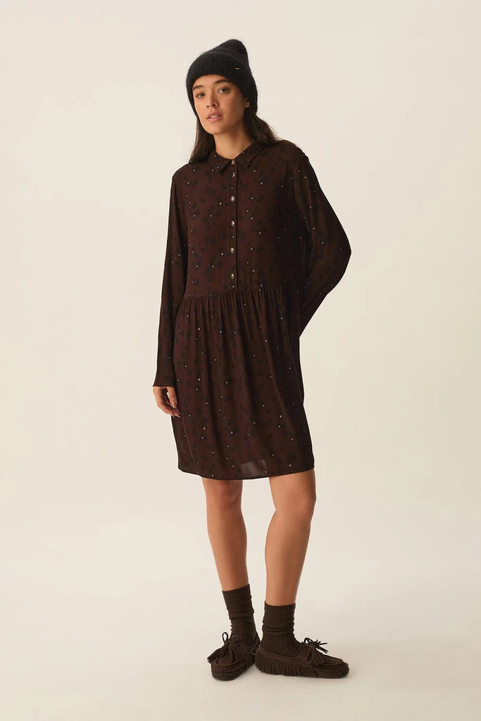 Abito Des Petits Hauts cioccolato fiori neri e panna