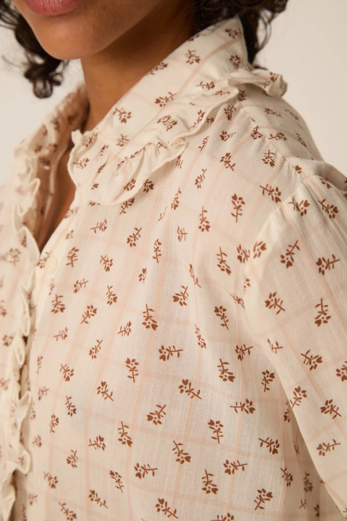 Camicia Des Petits Hauts panna colletto frill e quadretti