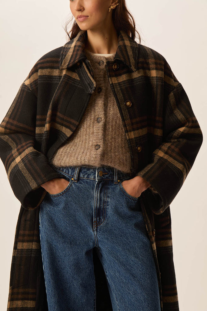 Cappotto Des Petits Hauts maxi check nero cammello e caffè