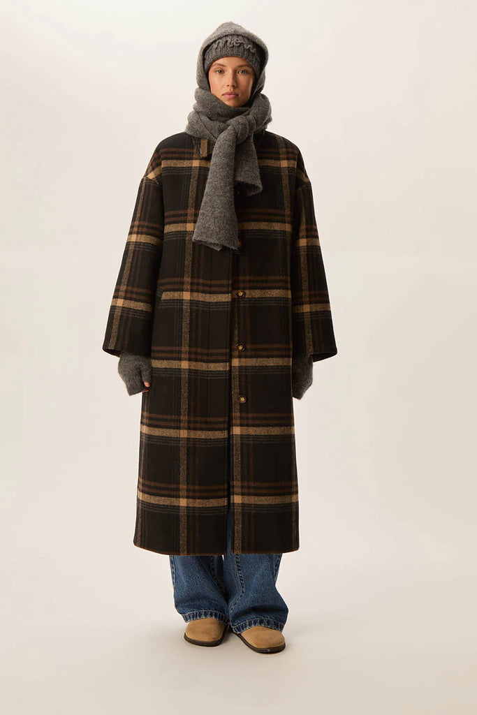 Cappotto Des Petits Hauts maxi check nero cammello e caffè