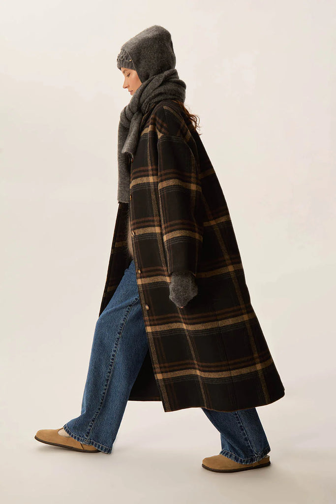 Cappotto Des Petits Hauts maxi check nero cammello e caffè