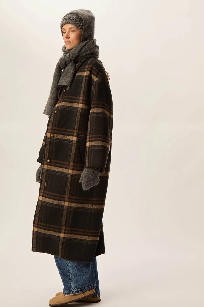 Cappotto Des Petits Hauts maxi check nero cammello e caffè