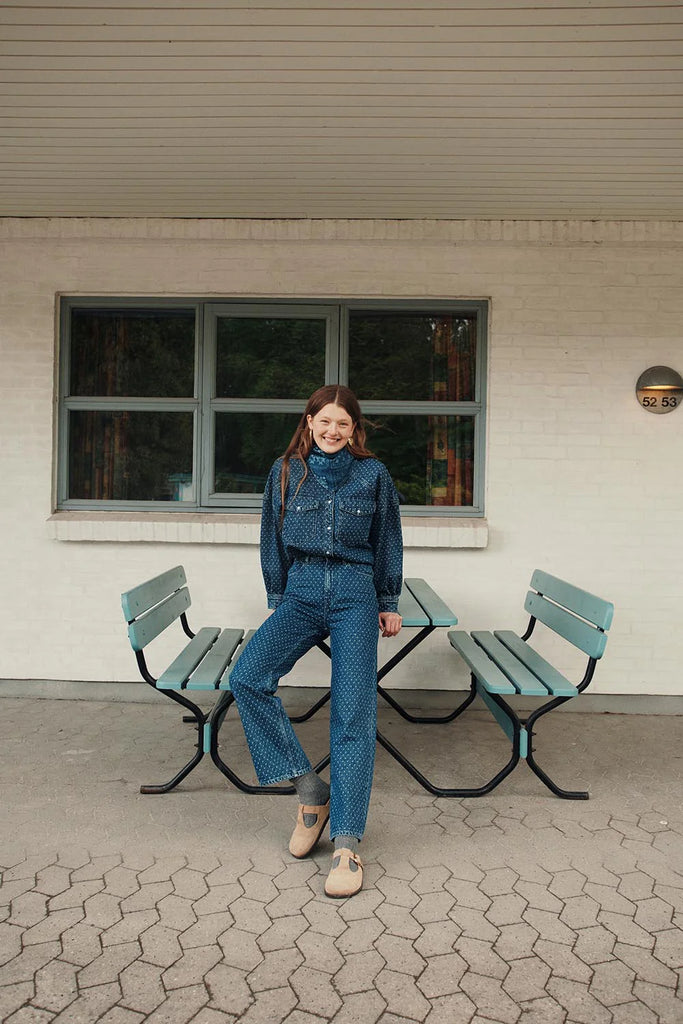 Pantaloni Des Petits Hauts denim con fantasia panna