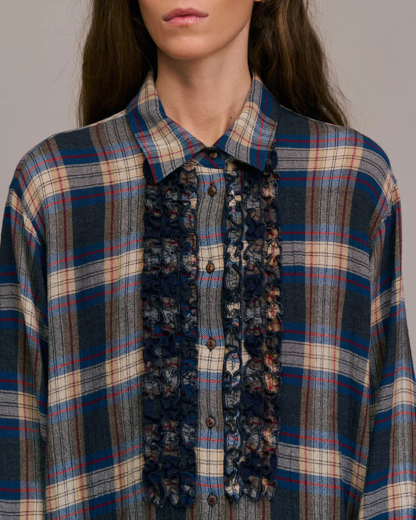 Camicia Diega check bluette e mini rouches