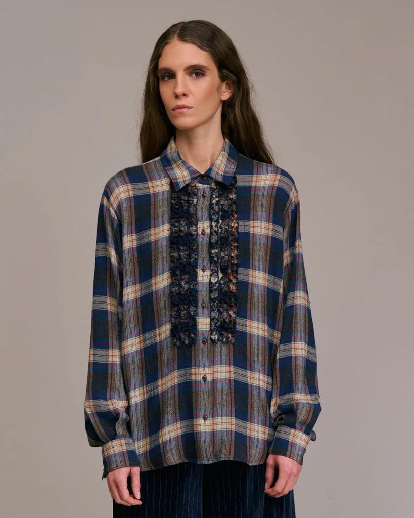 Camicia Diega check bluette e mini rouches