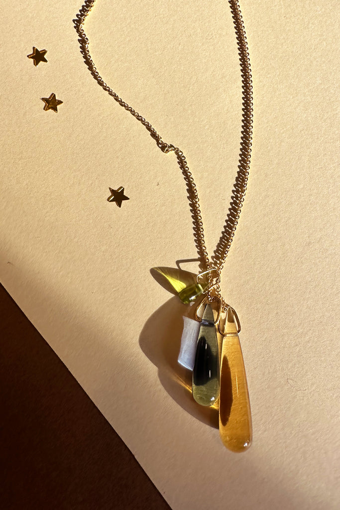 Collana Dressai lunga tre gocce ocra bluette e muschio