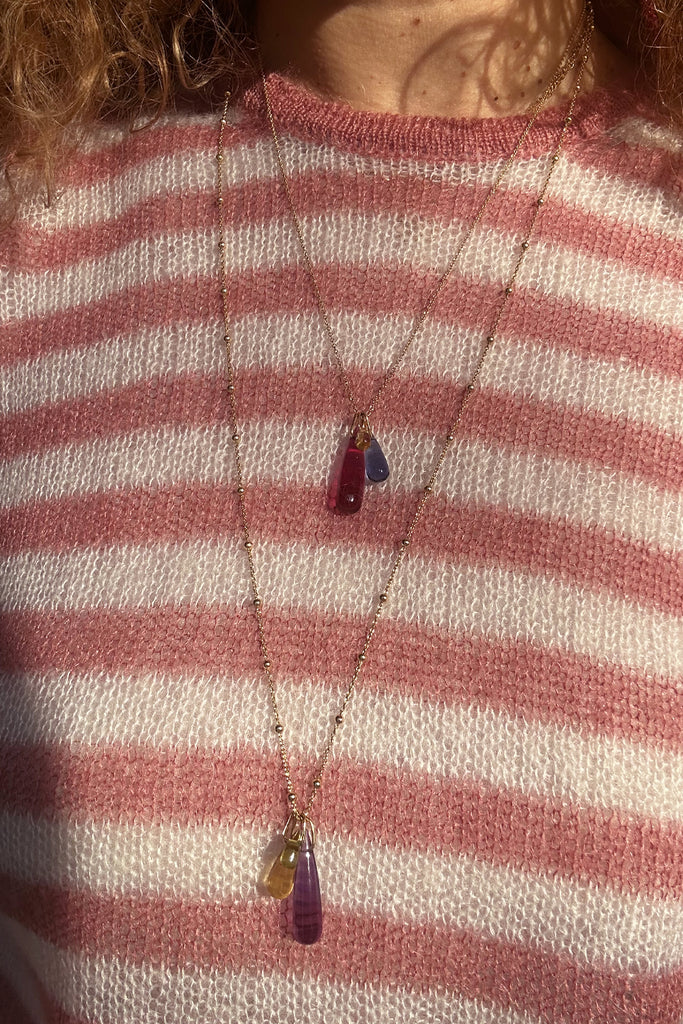 Collana Dressai lunga pallini e tre gocce lilla ocra muschio