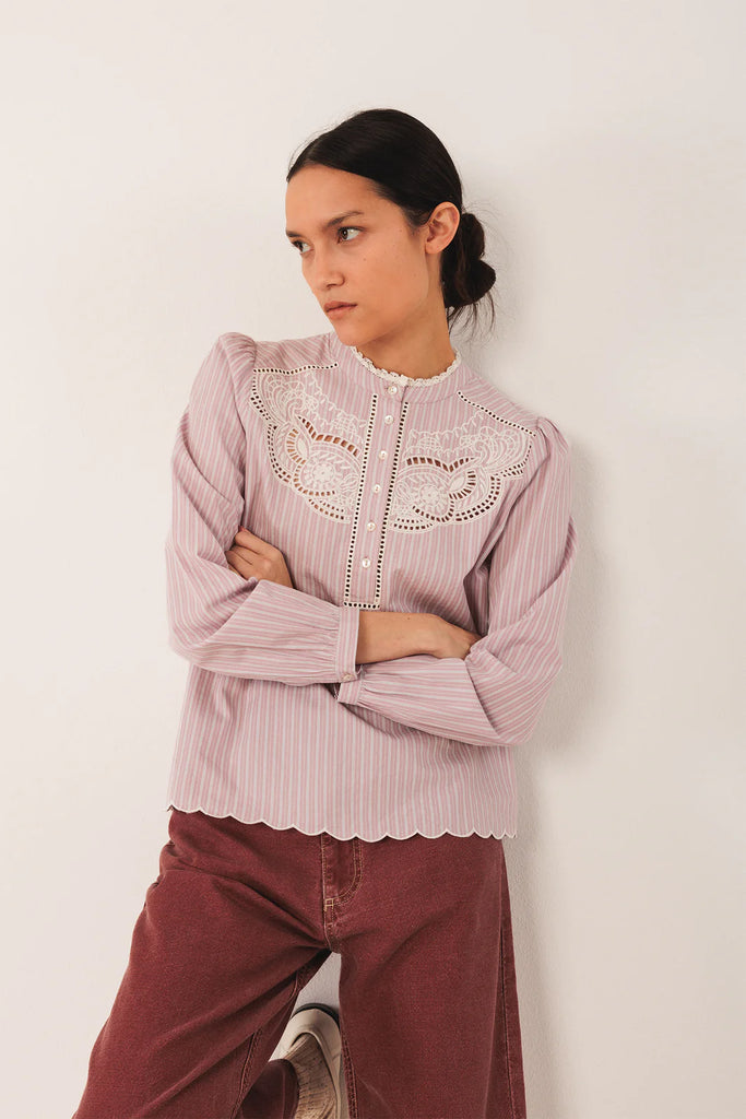 Camicia Indi and Cold righe rosa e ricami