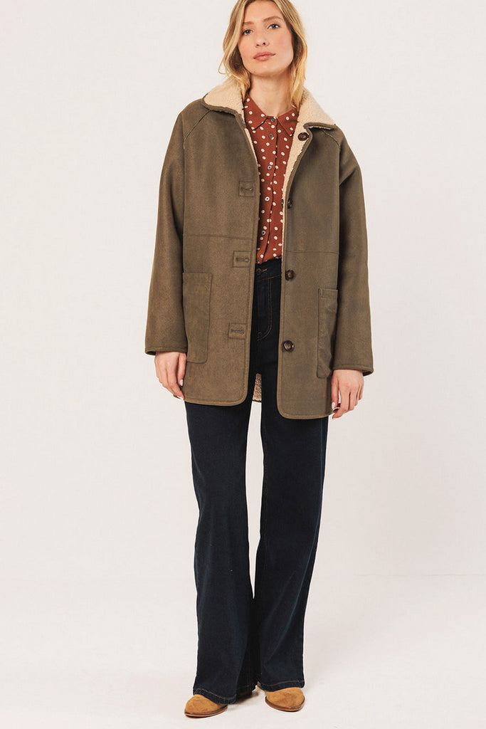 Eco Montone Indi and Cold erde oliva double face teddy panna