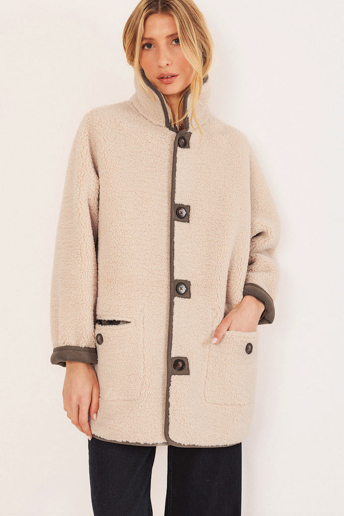 Eco Montone Indi and Cold erde oliva double face teddy panna