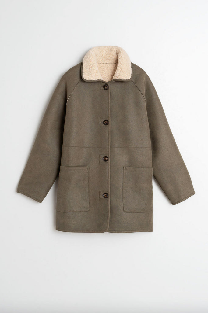 Eco Montone Indi and Cold erde oliva double face teddy panna