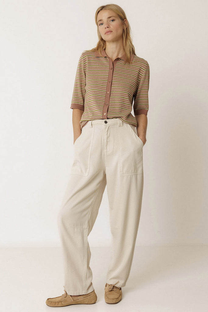 Maglia Indi And Cold polo righe oliva cognac e panna