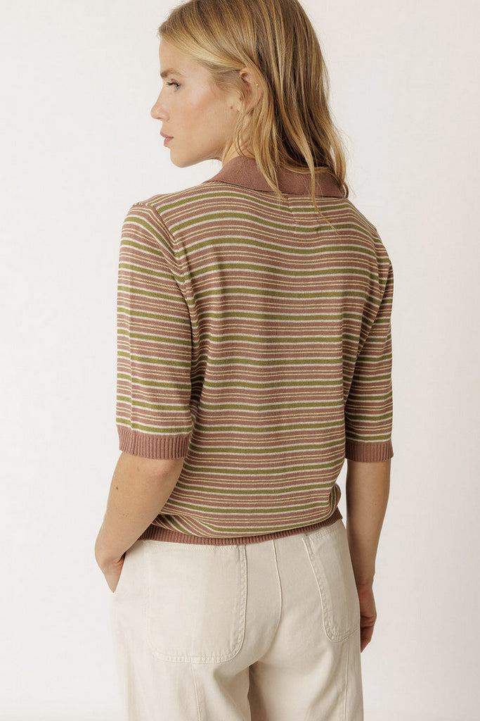 Maglia Indi And Cold polo righe oliva cognac e panna