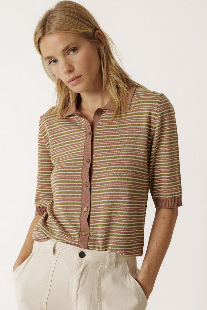 Maglia Indi And Cold polo righe oliva cognac e panna