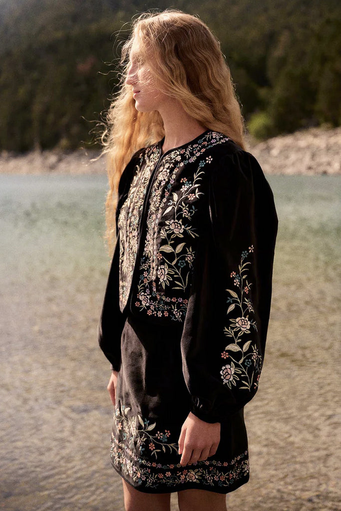 Bolerino Louise Misha velluto blu e ricami