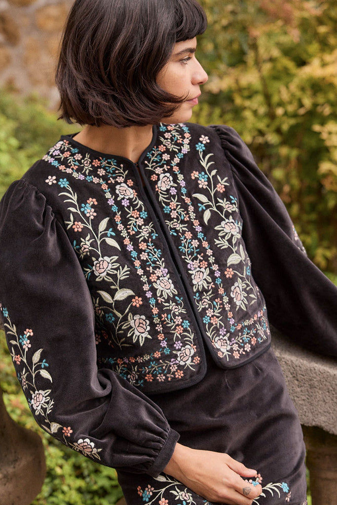 Bolerino Louise Misha velluto blu e ricami