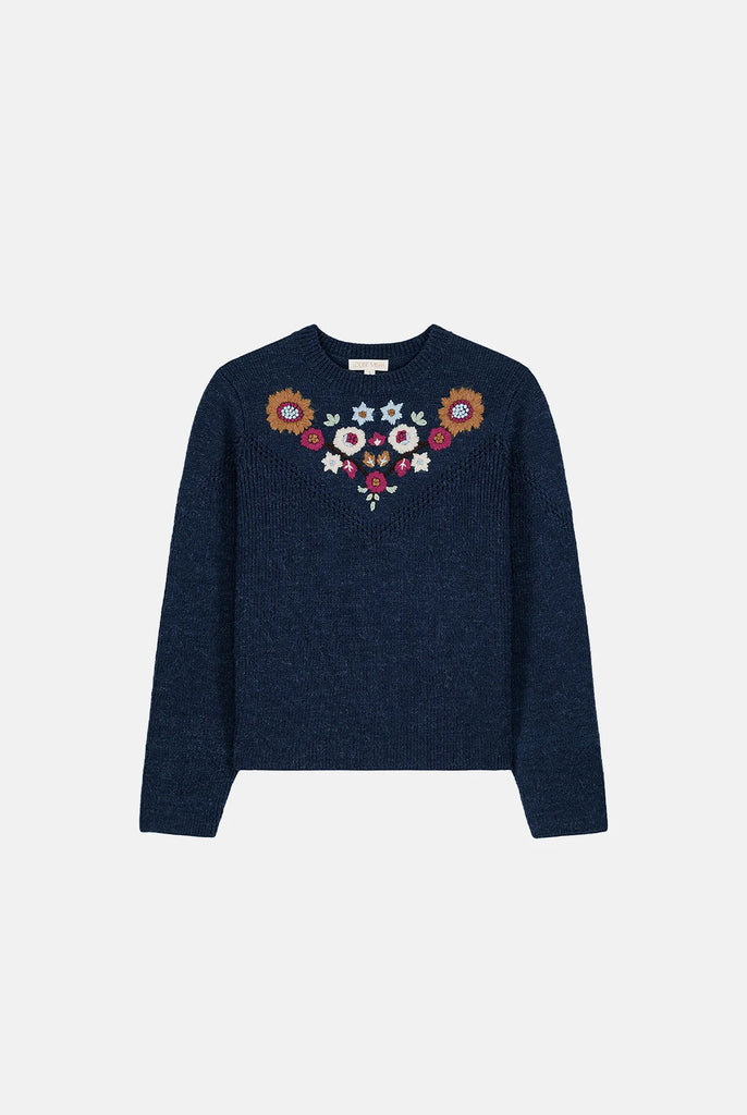 Maglione Louise Misha blu fiori ricamati