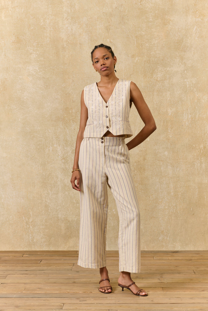 Pantaloni Louise Misha ecrù righe viola e blu