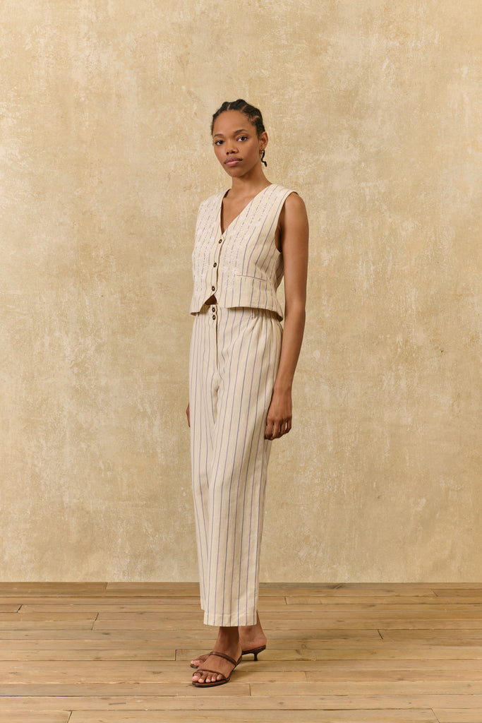 Pantaloni Louise Misha ecrù righe viola e blu