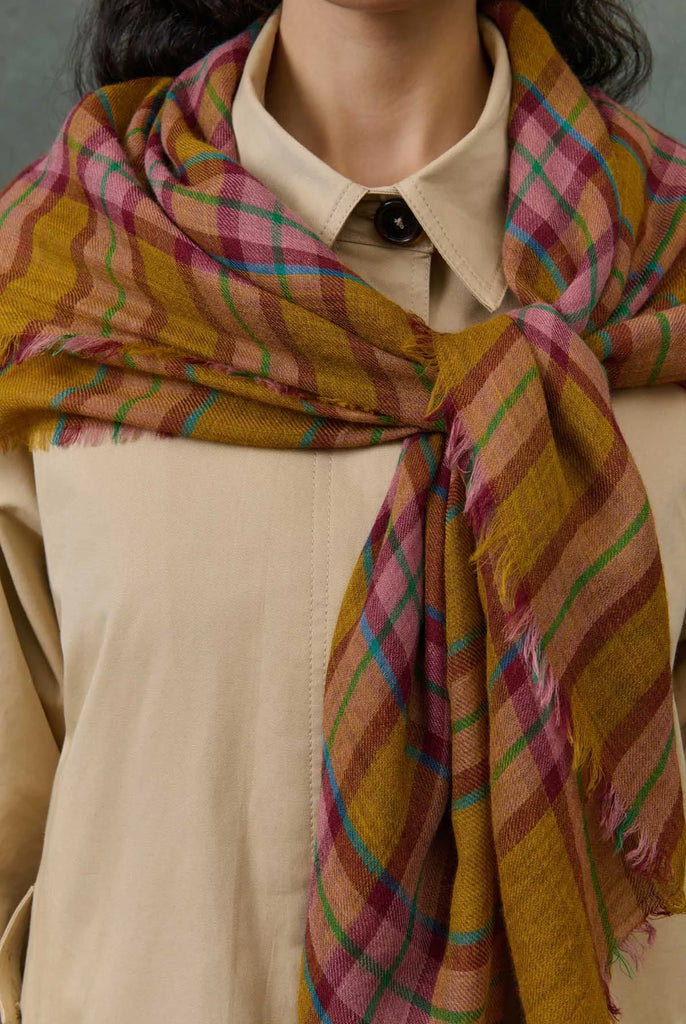 Sciarpa Louise Misha check cannella ocra e rosa