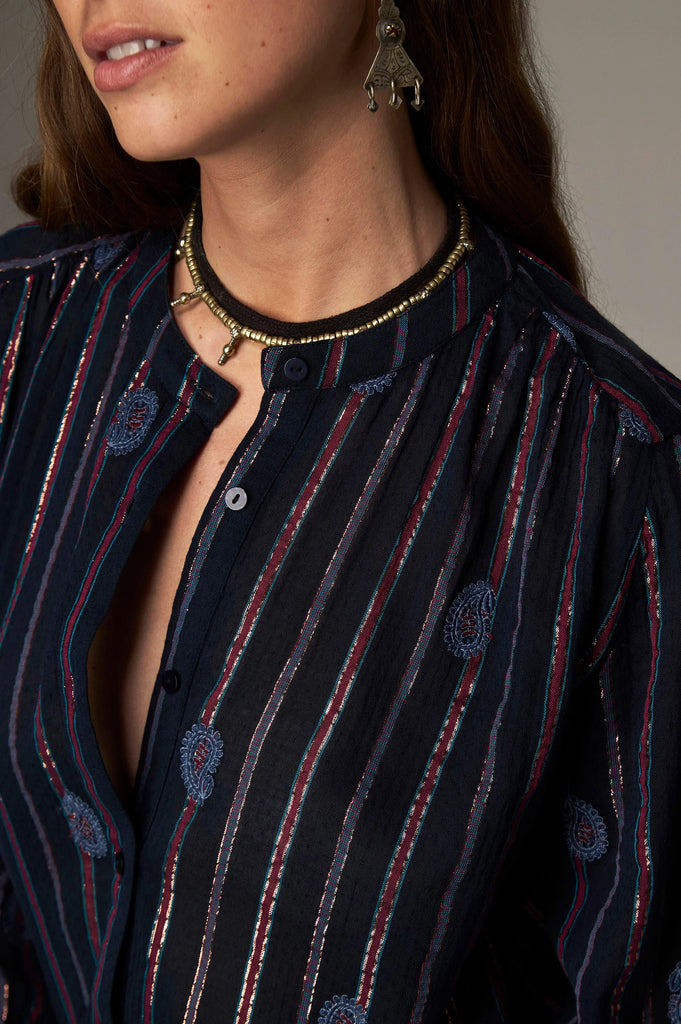 Camicia Maison Hotel blu righe lurex e ricami