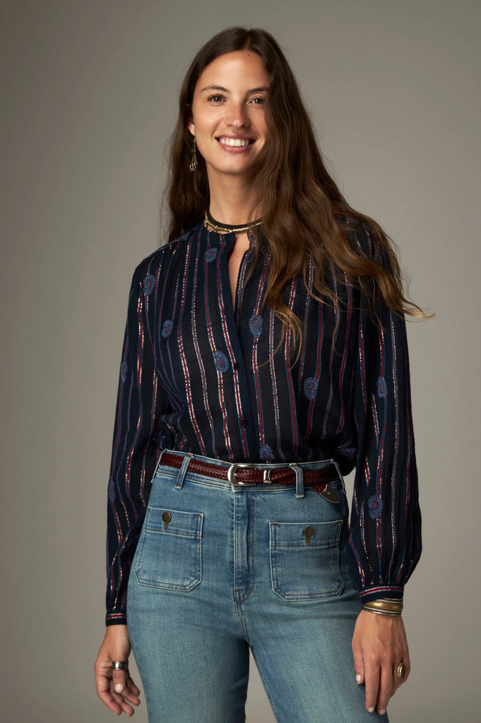 Camicia Maison Hotel blu righe lurex e ricami