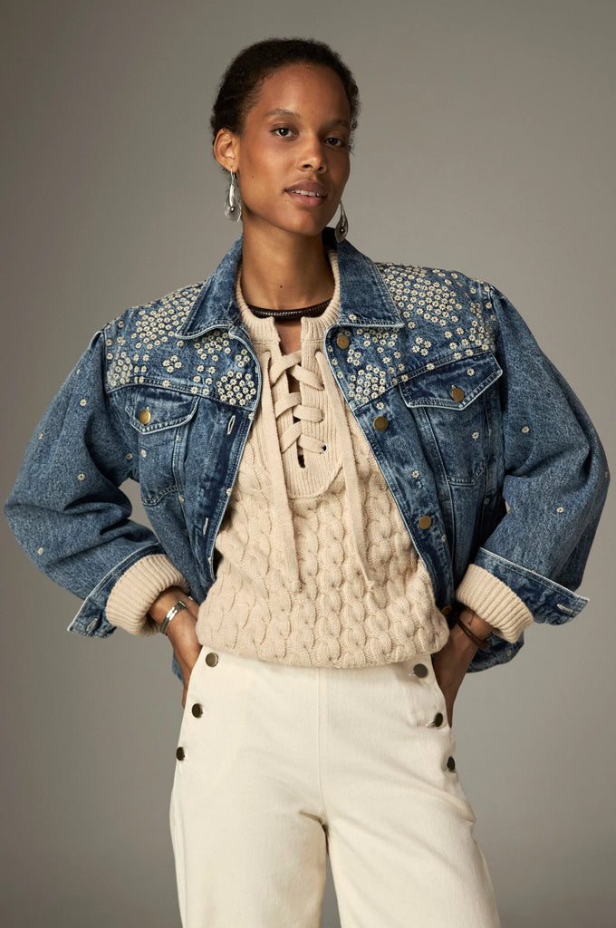 Giacca Maison Hotel denim con ricami e gilet teddy