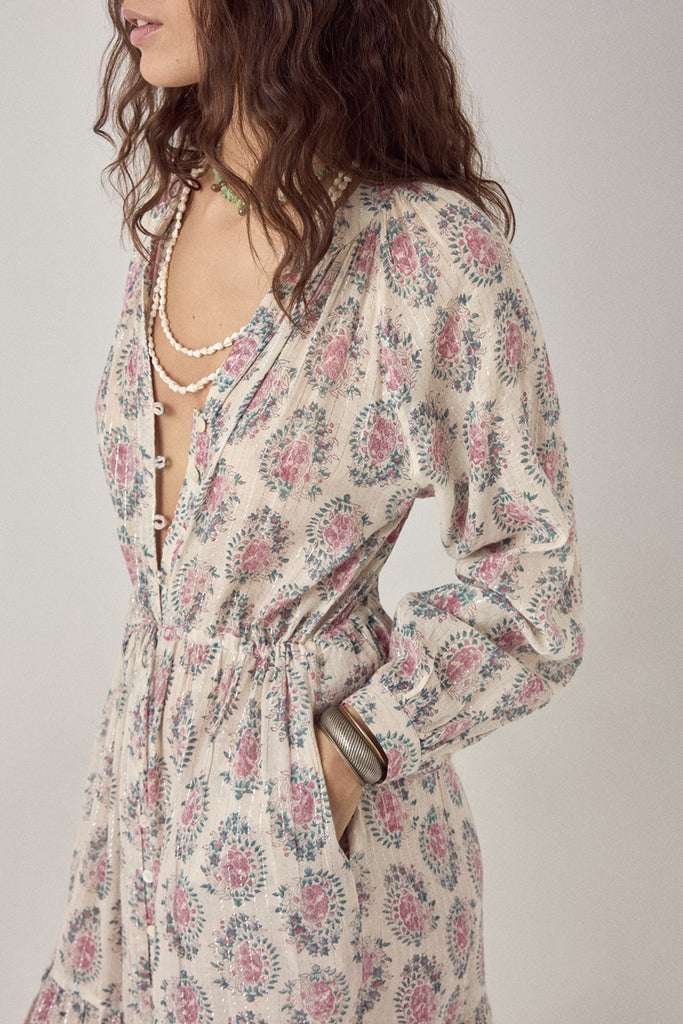 Abito Maison Hotel bianco righe lurex fiori pastello