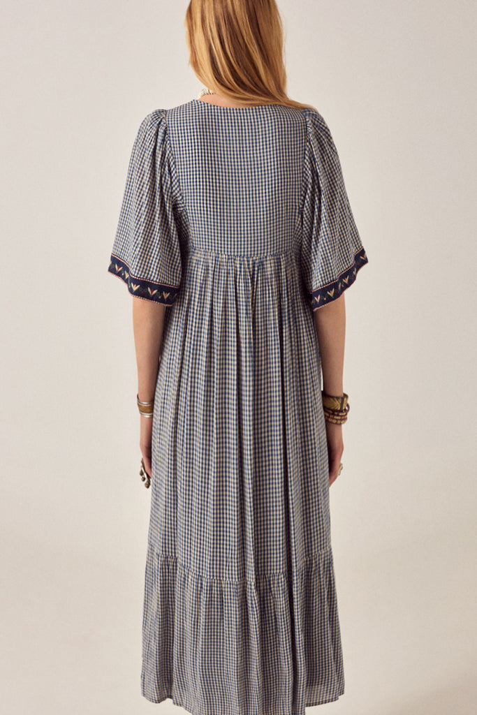 Abito Maison Hotel vichy blu e panna con ricami multicolor