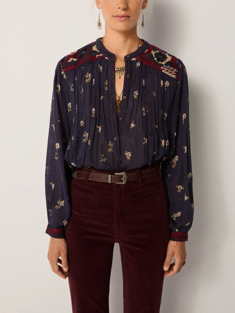 Camicia Maison Hotel blu e bordeaux fiori panna