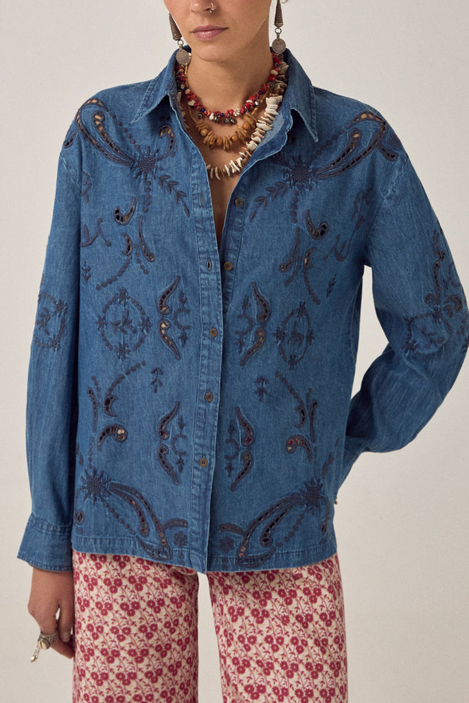 Camicia Maison Hotel denim ricamo a-jour