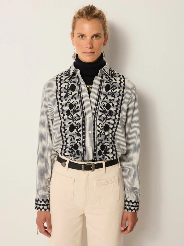 Camicia Maison Hotel panna righe jeans e ricami blu/black