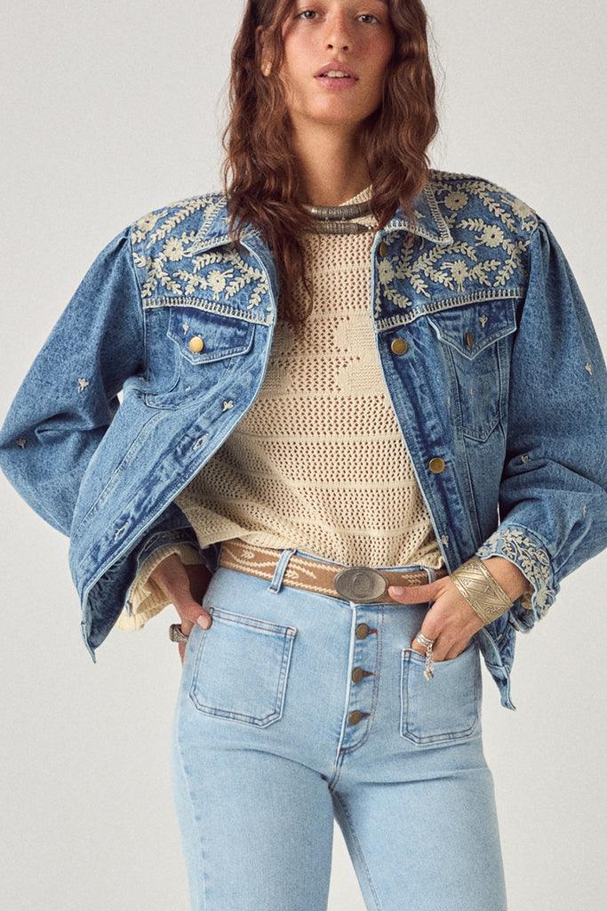 Giacchino Maison Hotel denim con ricami ecrù