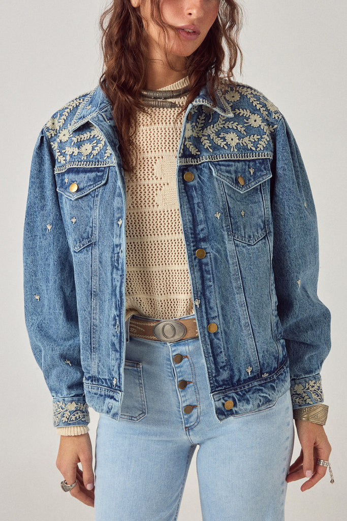 Giacchino Maison Hotel denim con ricami ecrù