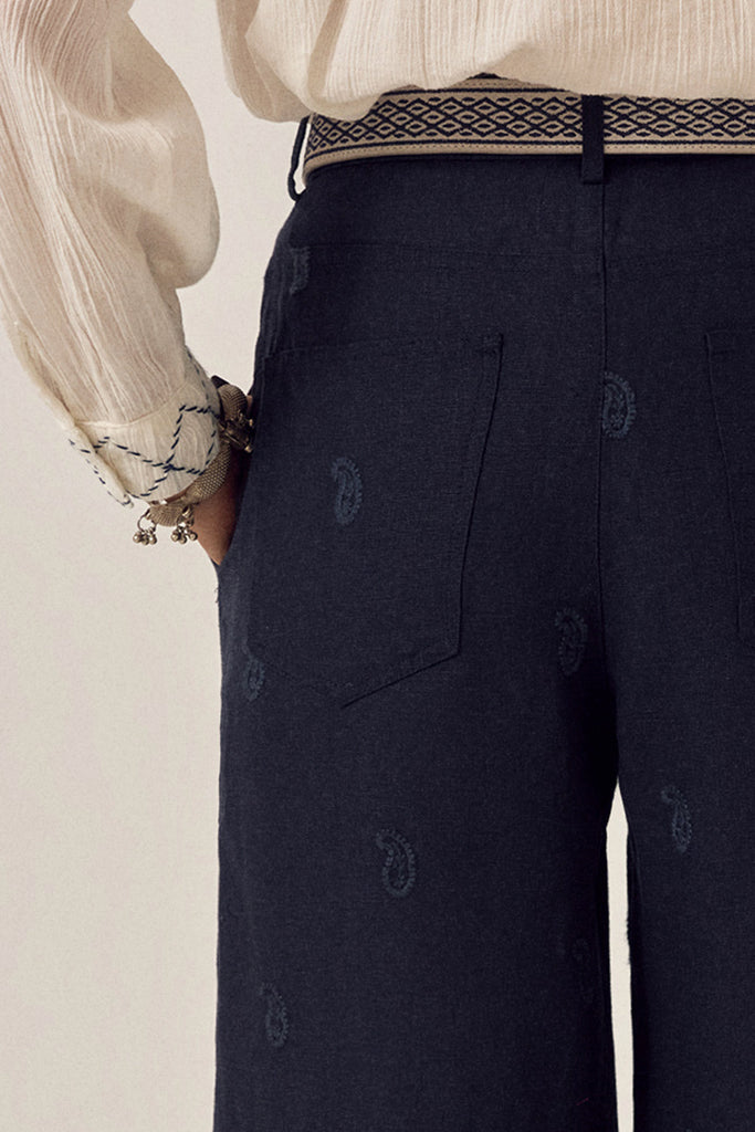 Pantaloni Maison Hotel blu notte con ricami