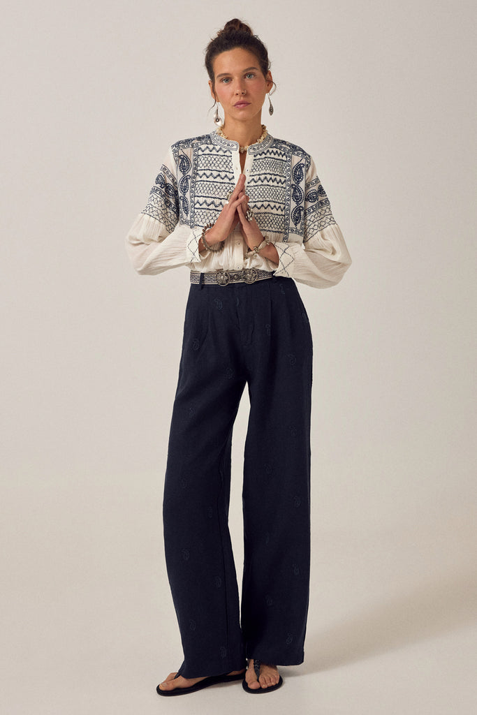 Pantaloni Maison Hotel blu notte con ricami