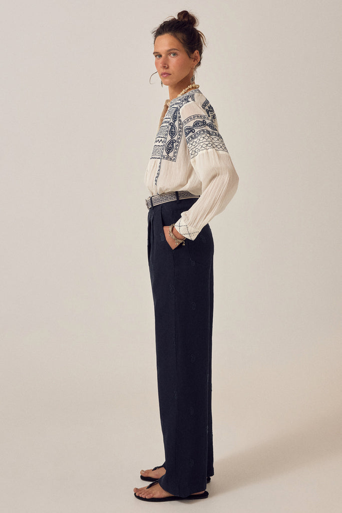 Pantaloni Maison Hotel blu notte con ricami