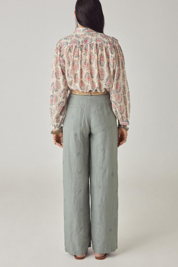 Pantaloni Maison Hotel azzurro salvia con ricami