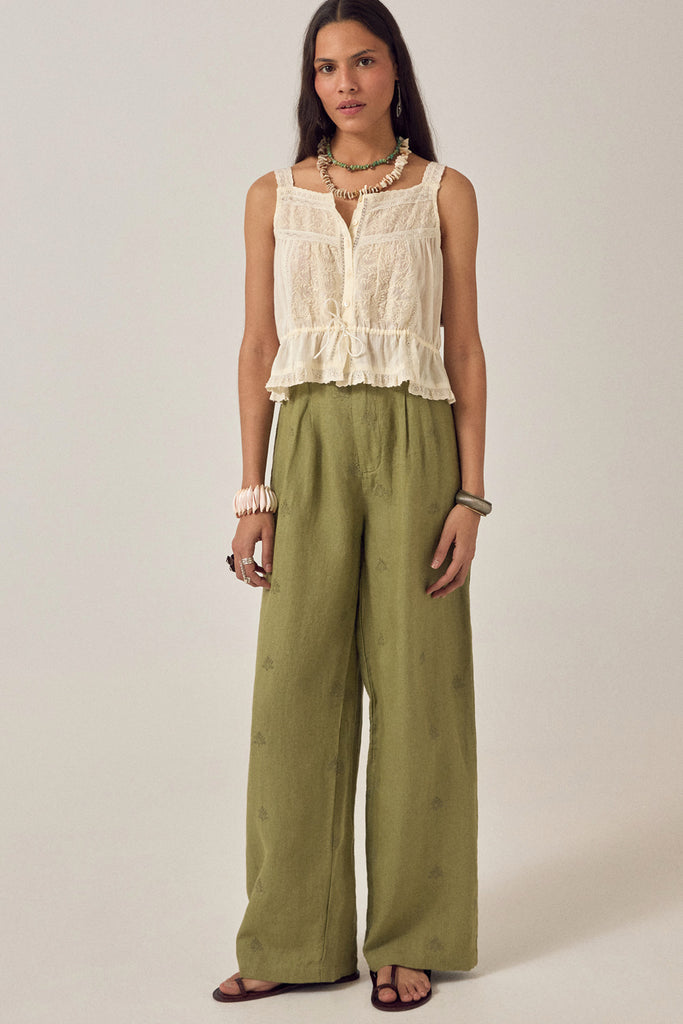 Pantaloni Maison Hotel verde moss con ricami