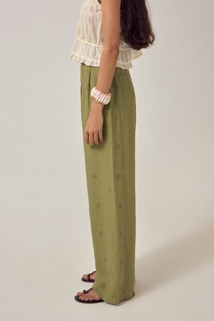Pantaloni Maison Hotel verde moss con ricami