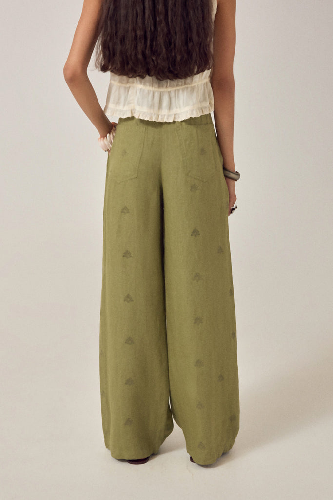 Pantaloni Maison Hotel verde moss con ricami