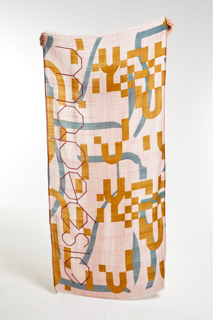 Sciarpa Ma Poesie in garza di lana fantasia oliva e rosa argilla