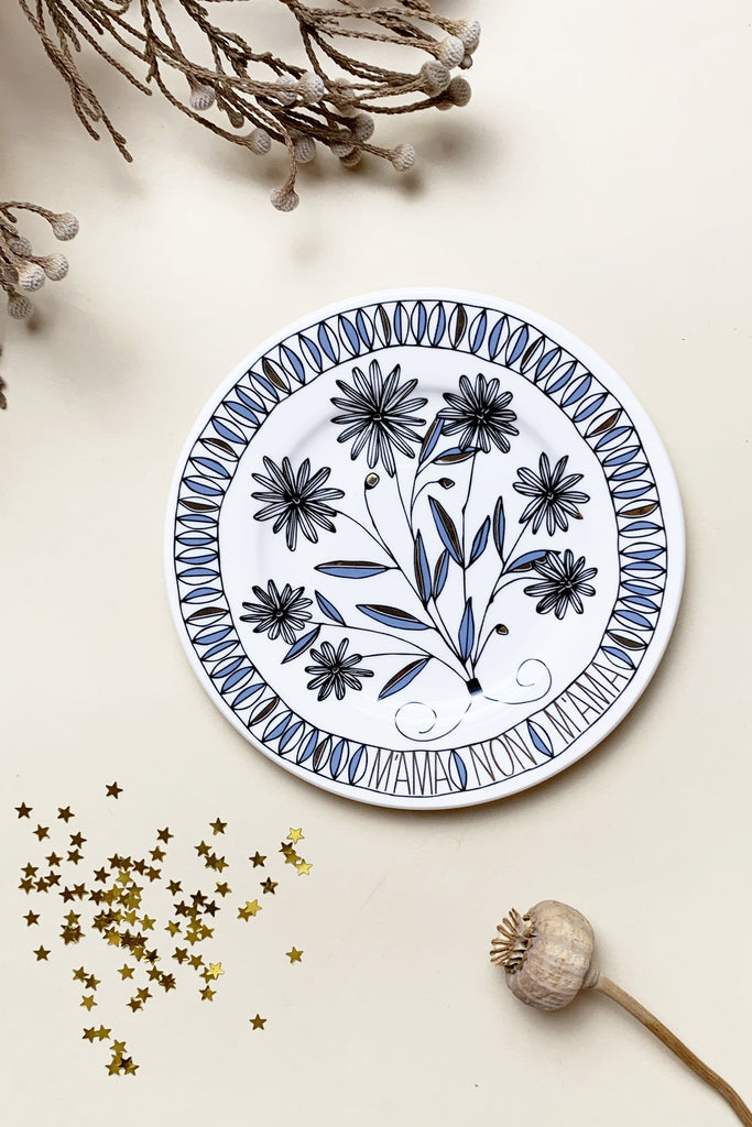 Piattino fiori azzurri e oro 'M'ama non M'ama'